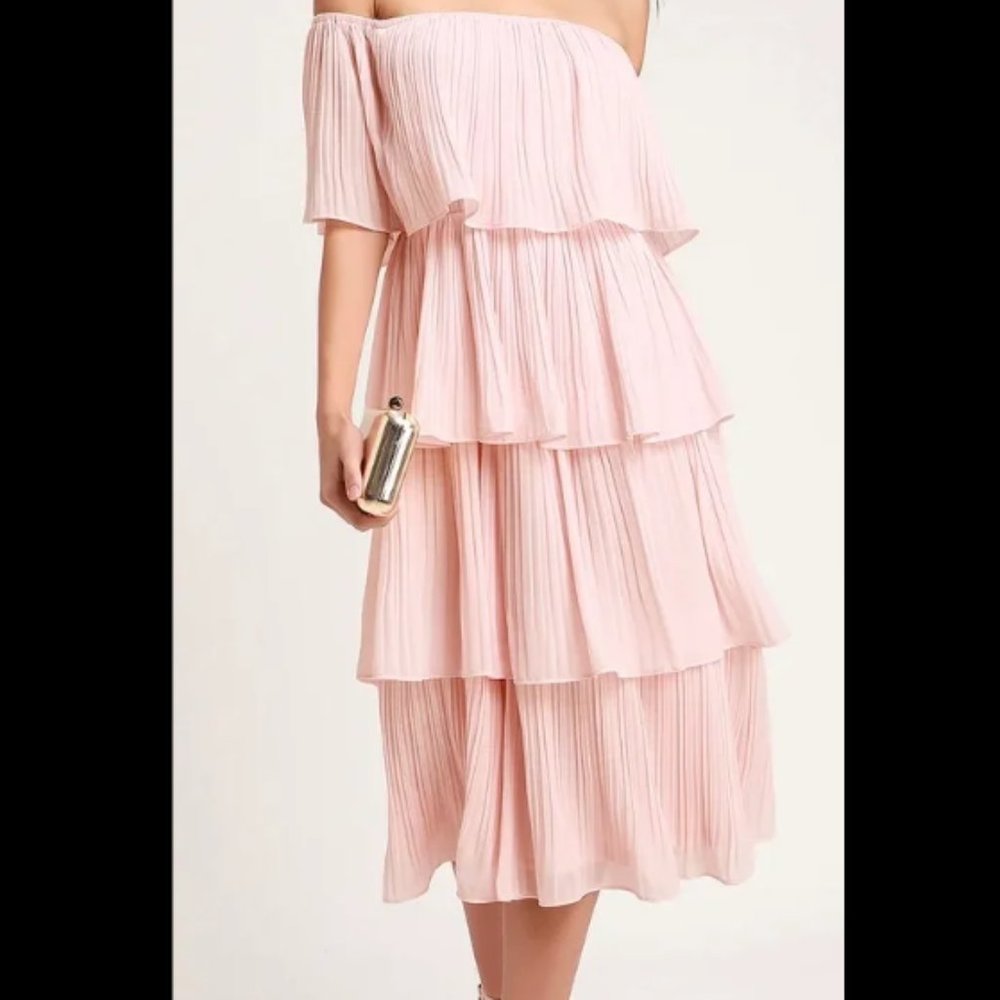 Lulus Gala Ready Blush Pink Off-the-Shoulder Ruffle Midi Dress